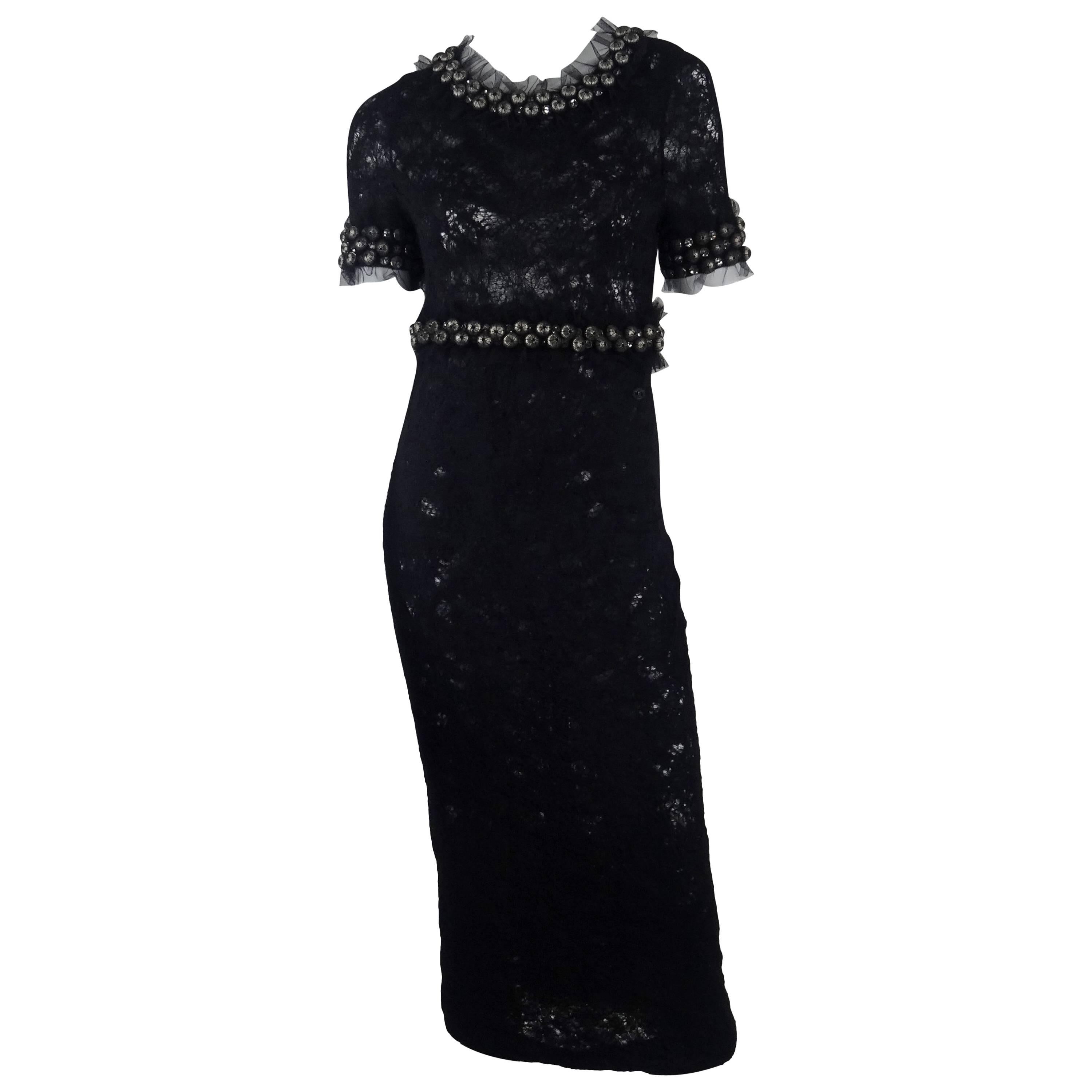 Chanel 2007A Demi Couture Black Lace Evening Gown with Large Rhinestones  For Sale