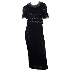 Chanel 2007A Demi Couture Black Lace Evening Gown with Large Rhinestones 