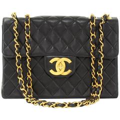 Chanel 12" Jumbo Black Quilted Leather Shoulder Flap Bag