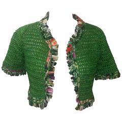 Oscar de la Renta Handgestrickter Bolero aus grüner Seide mit Schleifenbesatz