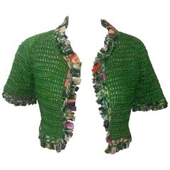 Oscar de la Renta Hand Knit Green Silk Bolero with Ribbon Trim