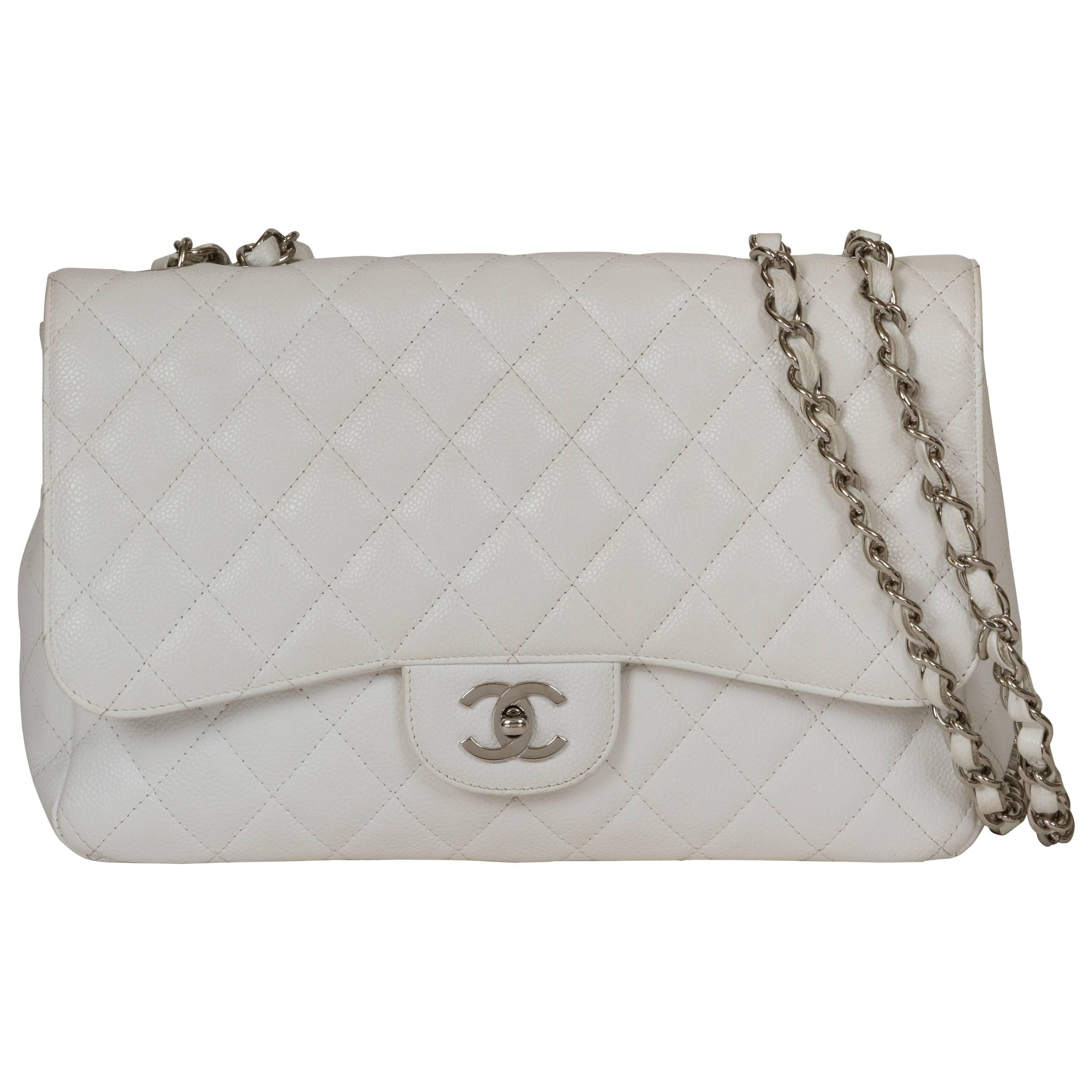 Chanel White Caviar Jumbo Single Flap Bag