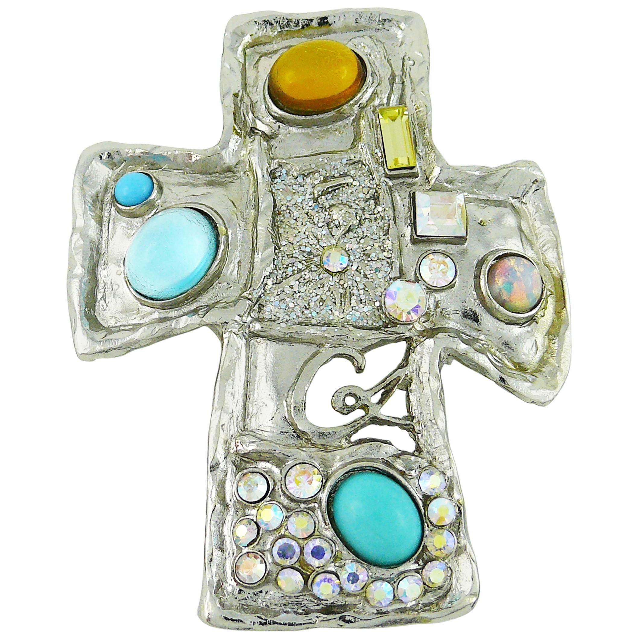 Christian Lacroix Vintage Jewelled Cross Brooch Pendant