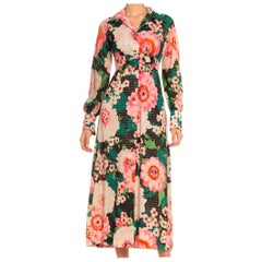 Vintage 1970S Green & Pink Acetate Blend Lurex Floral Button Down Shirt Dress