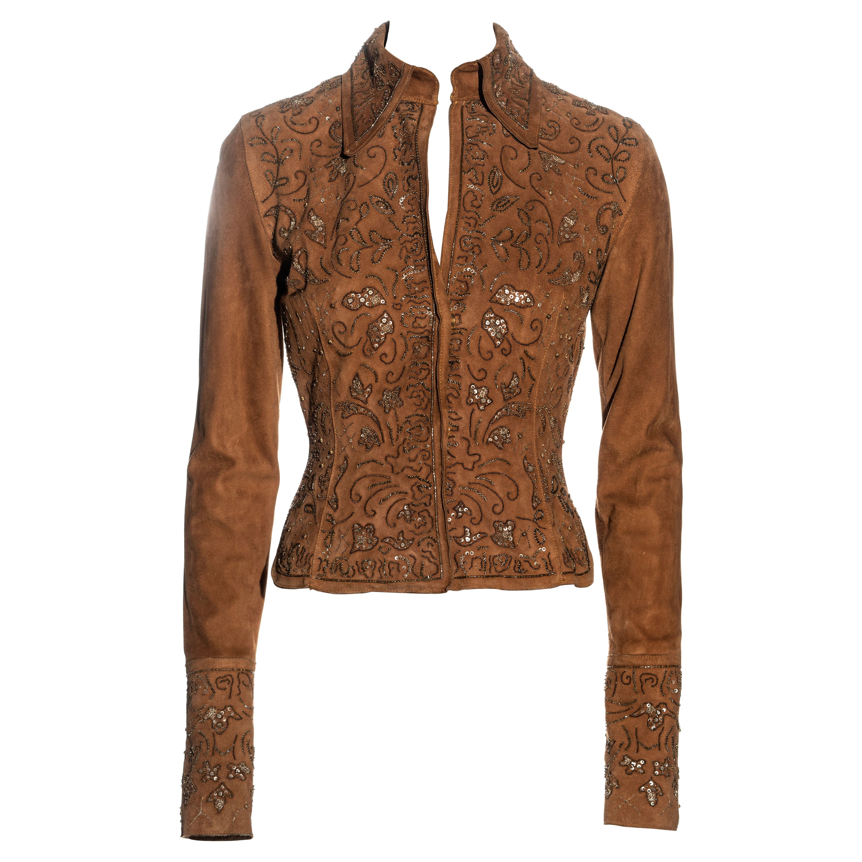 Dolce & Gabbana brown goat suede embellished shirt, ss 2001 For Sale