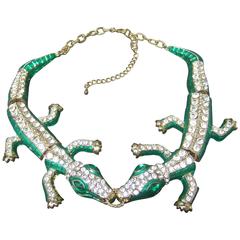 Exotic Green Crystal Articulated Enamel Alligator Necklace 