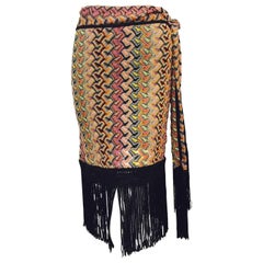 Missoni Multi Color Knit Straight Skirt With Tie and Dramatic Fringe Hem