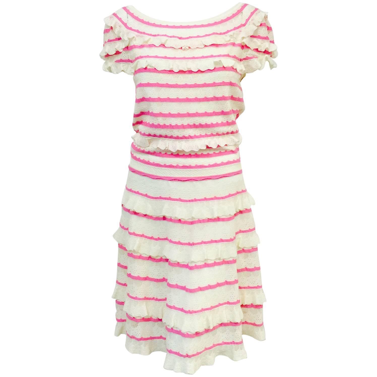 Christian Dior Ivory and Pink Lace Knit Short Sleeve Dress W Bateau Neckline