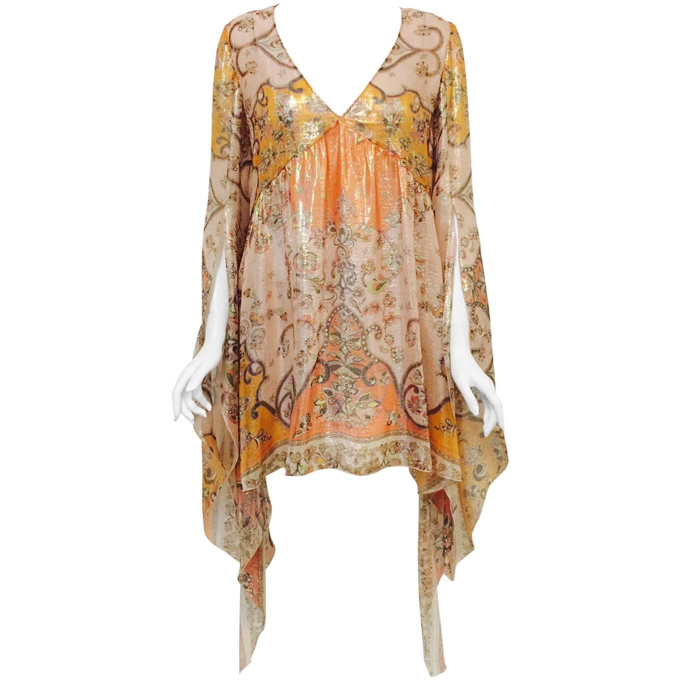 Emilio Pucci Print Silk Blend Lame Tunic Dress With Butterfly Wing Sleeves