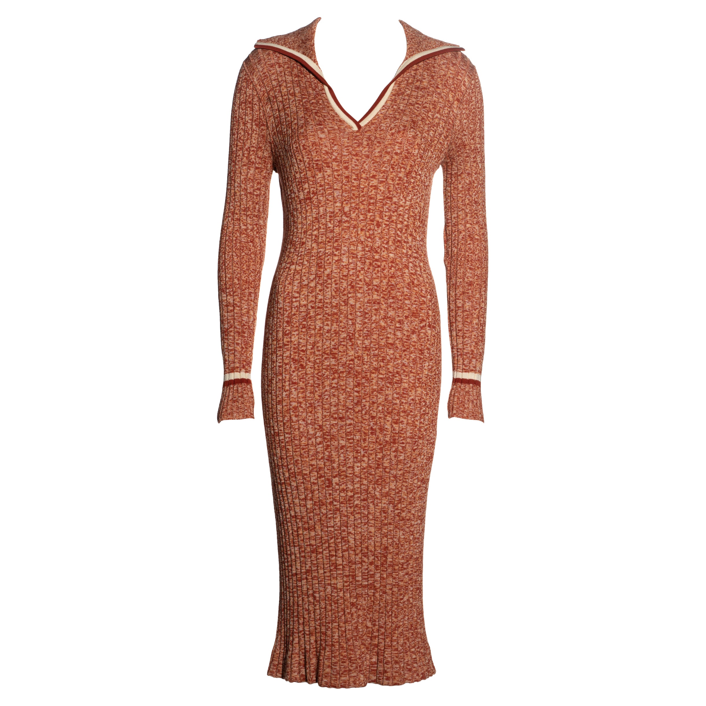 Celine orange ribbed knit pure wool sailor collar dress, c. 1970