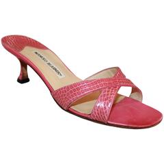 Manolo Blahnik Pink Croc Crisscross Slide with Heel - 38.5 2