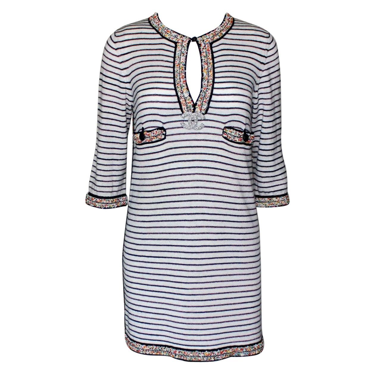 CHANEL Embellished Striped Beaded Cashmere Blend Tunic Kaftan Mini Dress 34 For Sale
