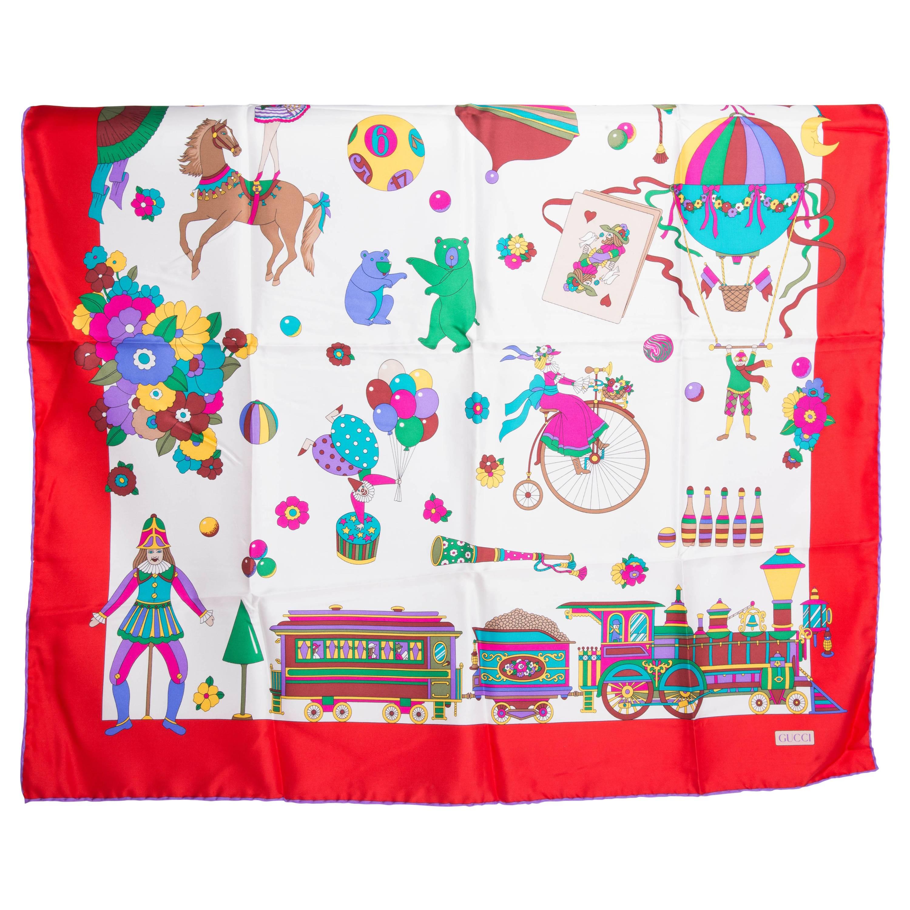 Vintage Gucci Silk Circus Collection Scarf With Red Border For Sale