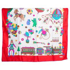 Vintage Gucci Silk Circus Collection Scarf With Red Border