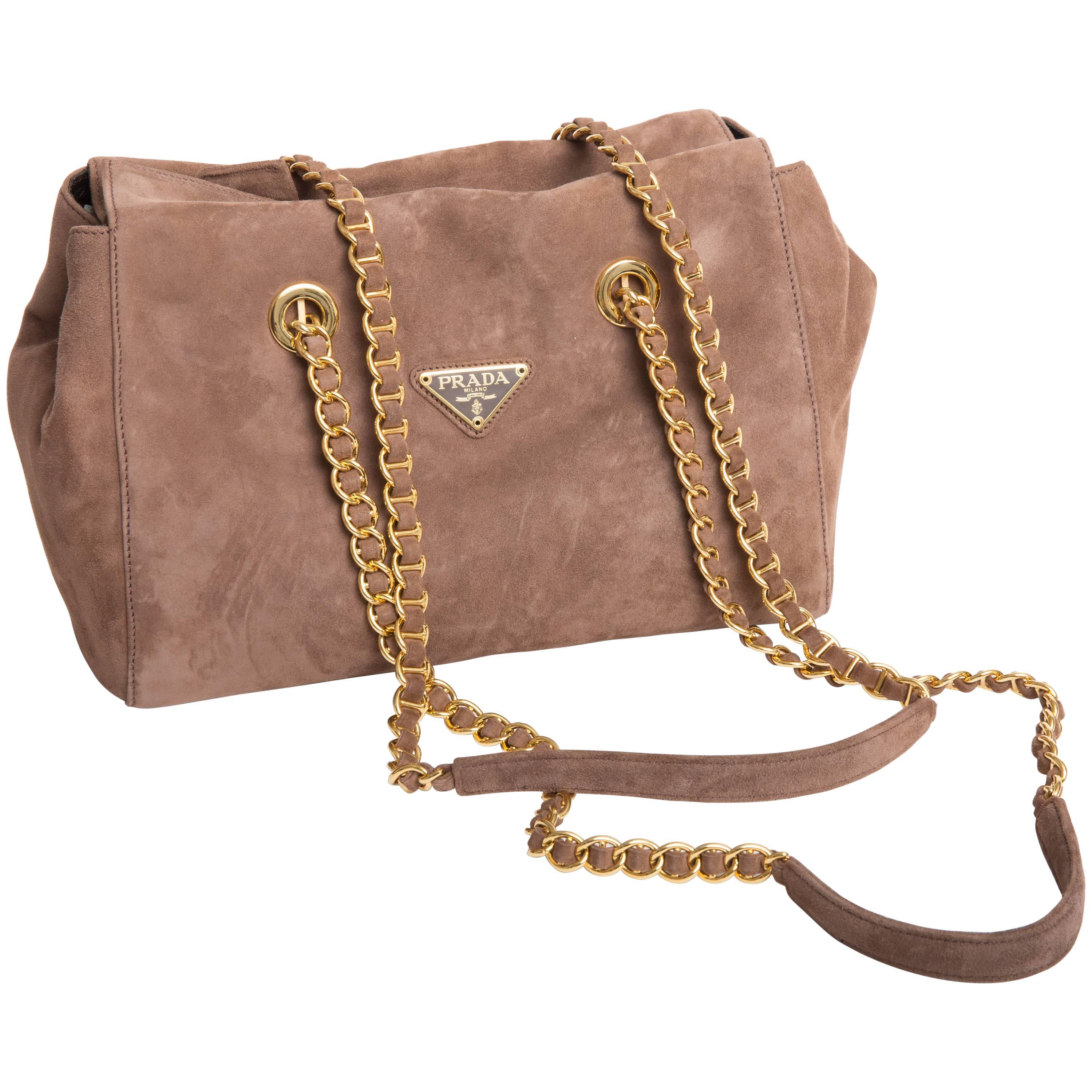Prada Vintage Suede Double Chain Handle Shoulder Bag