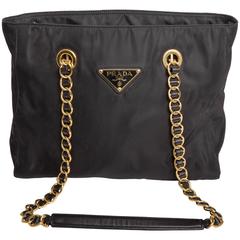 Prada Vintage Black NYlon Double Chain Handle Shoulder Bag