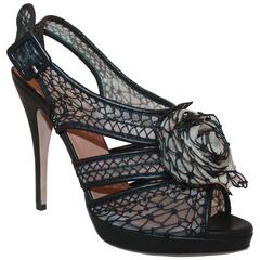 Valentino Beige & Black Mesh Woven Platform Heels with Rose on the Front - 39.5