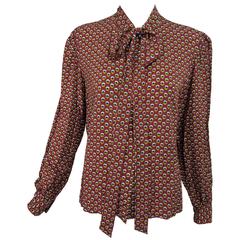 Yves Saint Laurent classicfigured silk Provencal print bow tie blouse 1970s