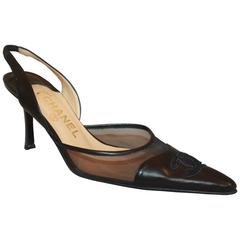 Chanel Black Leather and Mesh Slingback Heels with Mesh "CC" Cutout - 38 5