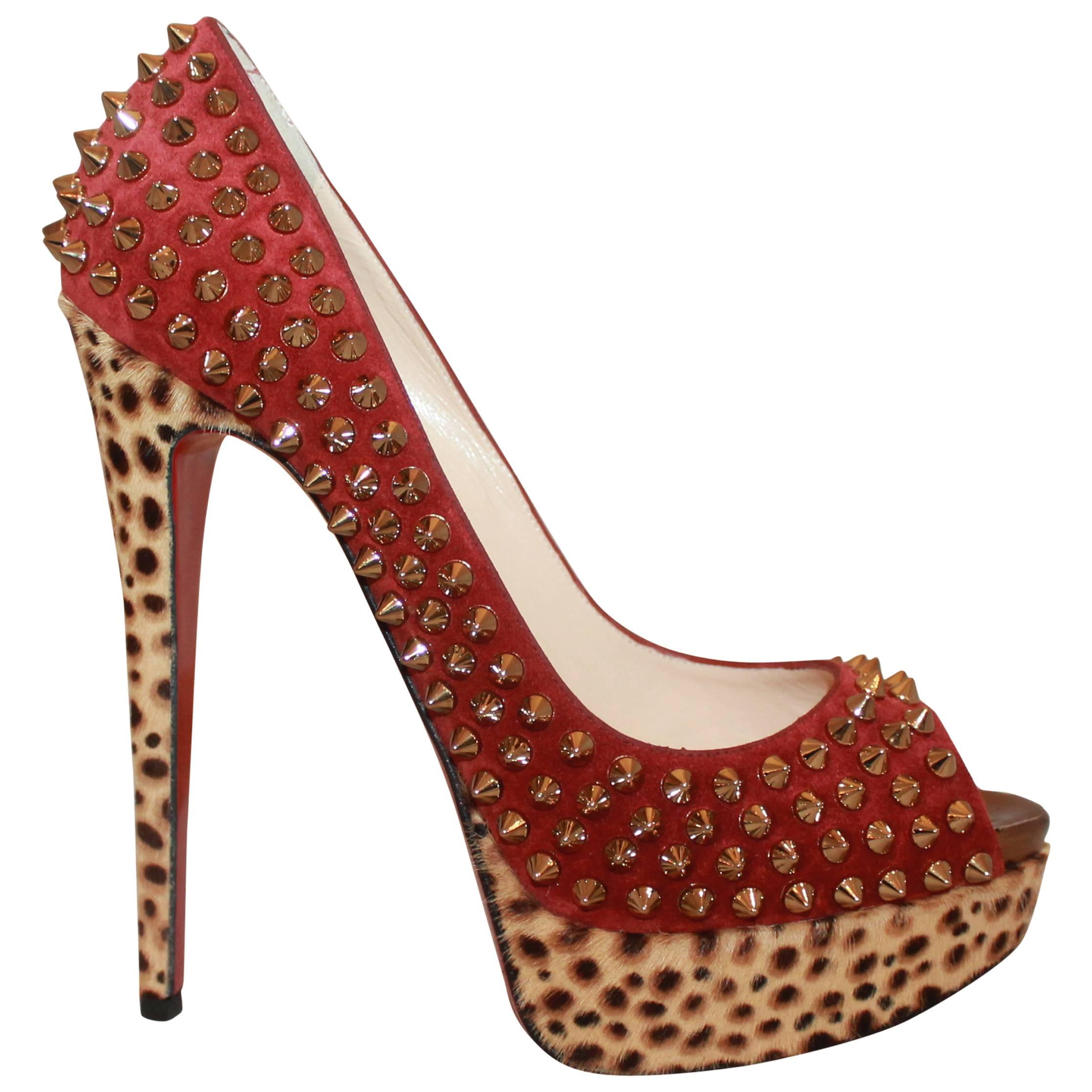 Louboutin Red Suede Spike & Leopard Print Pony Hair Platform Heels - 38