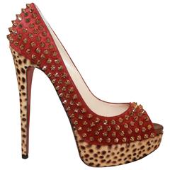 Louboutin Red Suede Spike & Leopard Print Pony Hair Platform Heels - 38 8