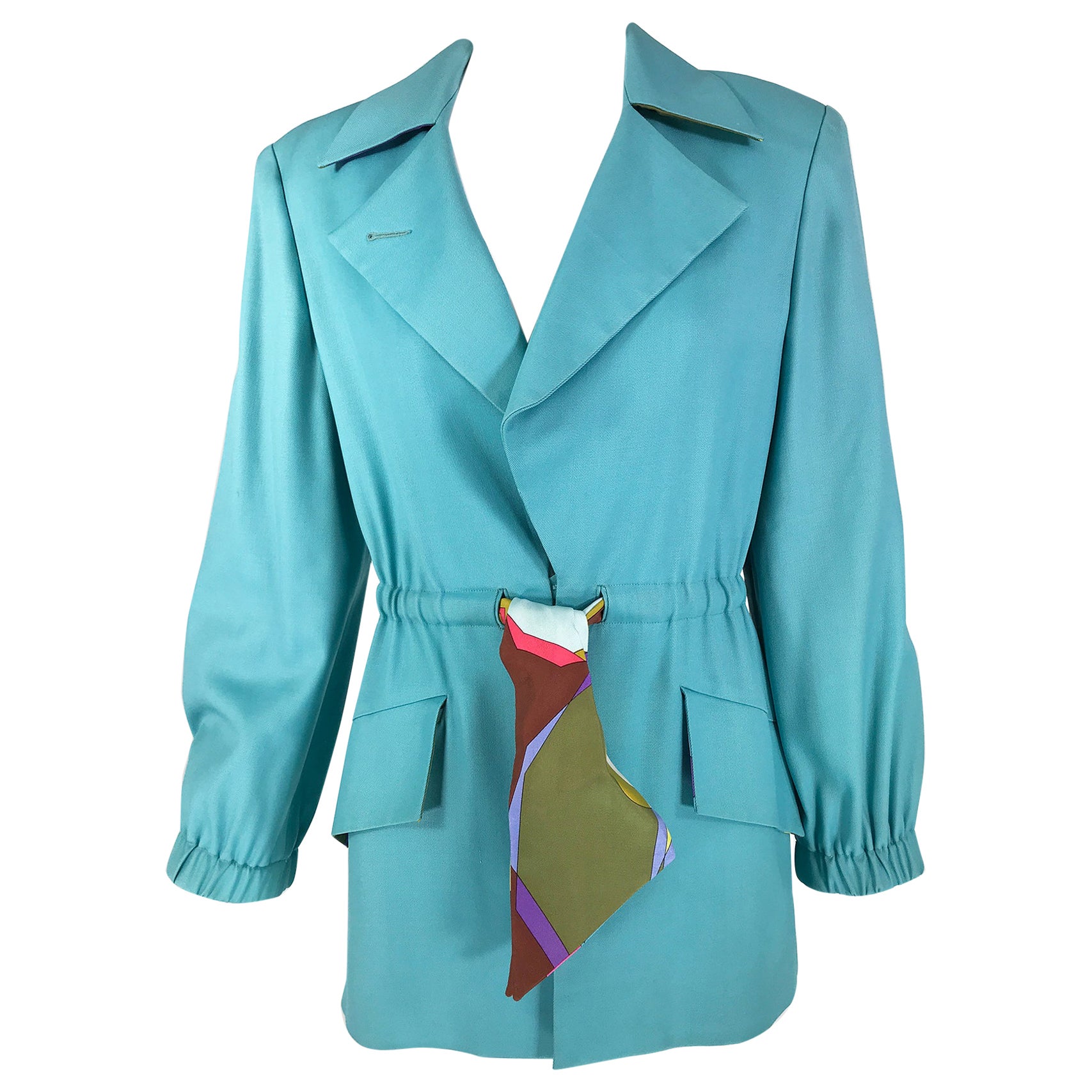 Rare Pucci Blue Wool Twill Jacket with Silk Pucci Fabric Lining 1970s