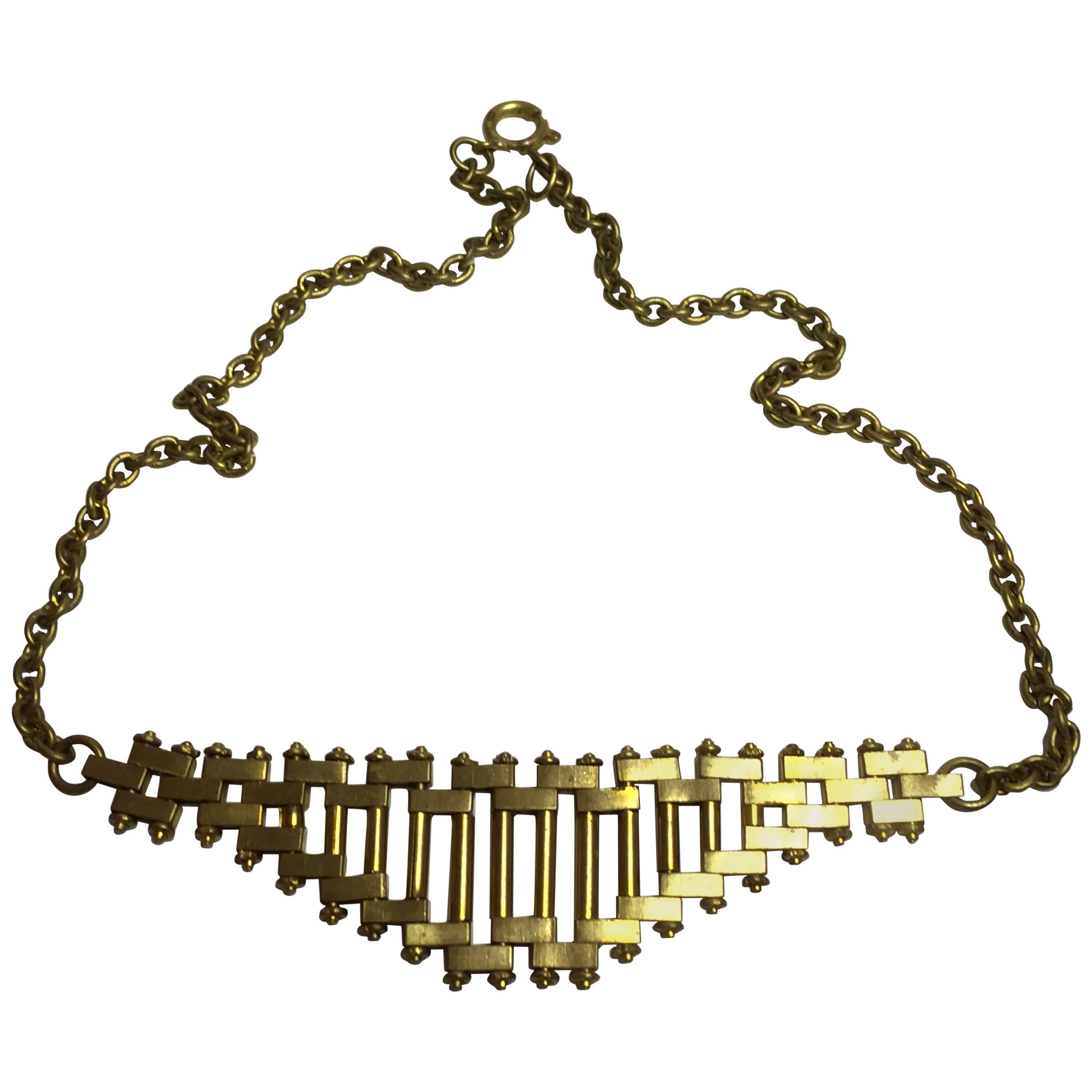 1930s Jacob Bengel Art Deco Machine Age Gold tone Brickwork Chain Necklace For Sale