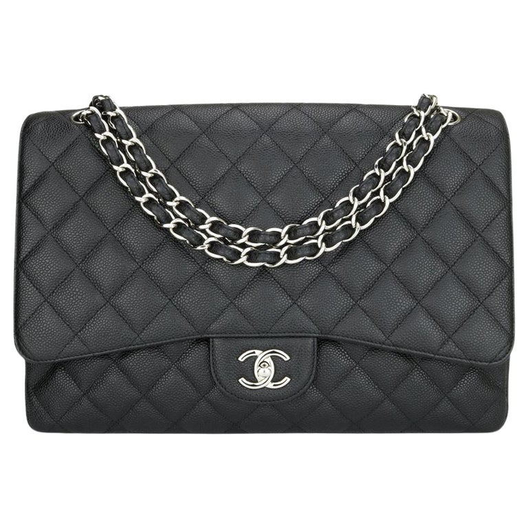CHANEL Single Flap Maxi Bag Black Caviar with Silver Hardware 2010 For Sale