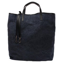 Blue canvas black leather handbag shoulder bag NWOT