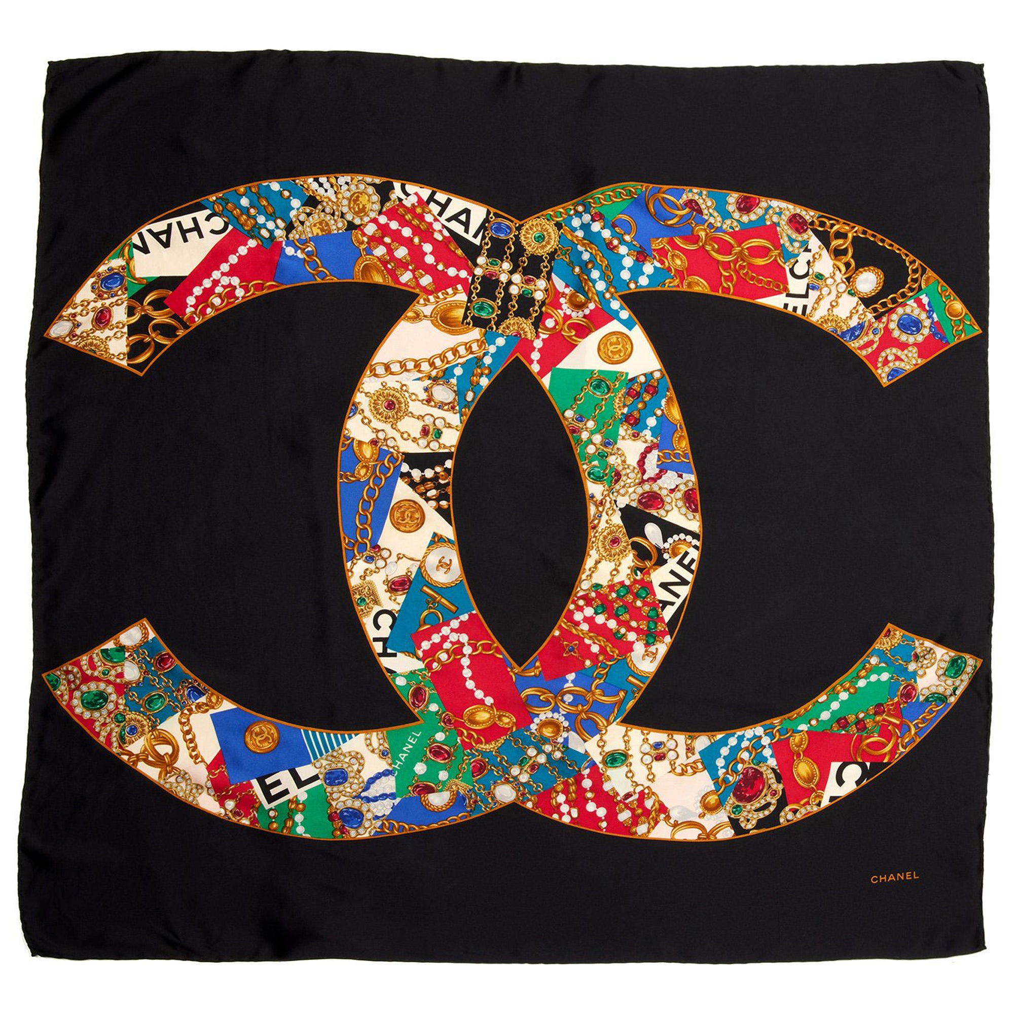 Chanel BLACK and MULTICOLOUR JEWELED SILK VINTAGE CC SCARF at