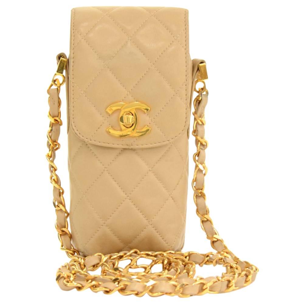 Chanel Beige Quilted Lambskin Leather Shoulder Case Bag For Sale