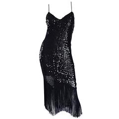 Exceptional Joy Stevens 1970s Black Sequin and Fringe Vintage 70s Dress