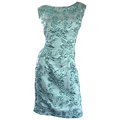 Vintage Beautiful 1960s Light Blue Silk Metallic Lurex Teal Embroidered 50s Wiggle Dress