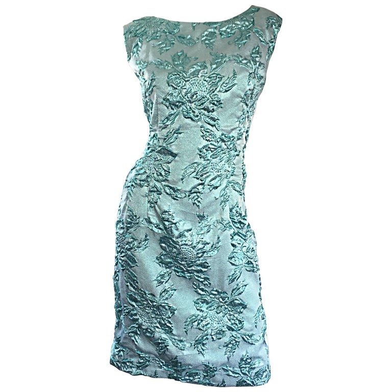 Beautiful 1960s Light Blue Silk Metallic Lurex Teal Embroidered 50s ...