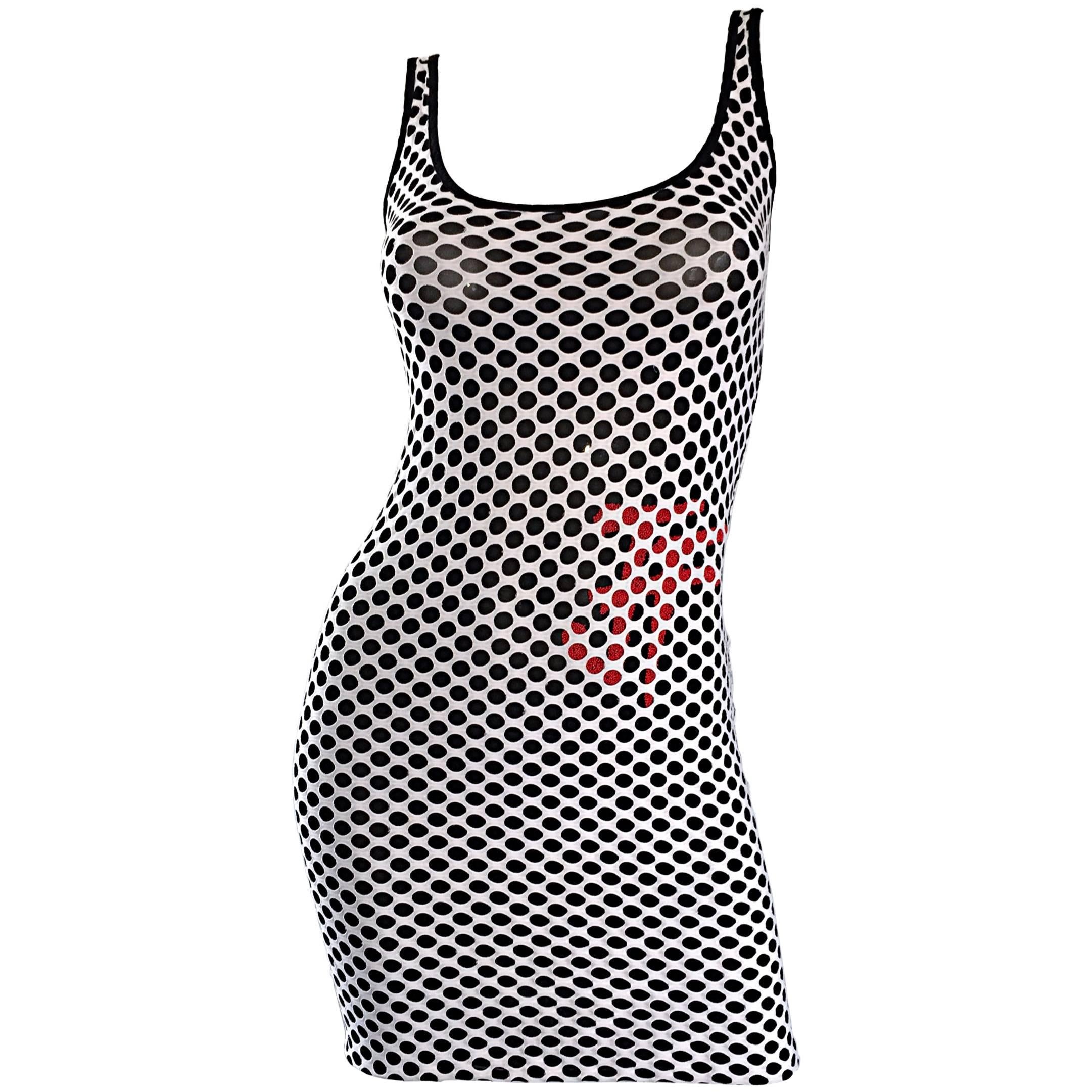 1990s Gianfranco Ferre Black and White Fishnet Beaded Bodycon 90s Vintage Dress For Sale