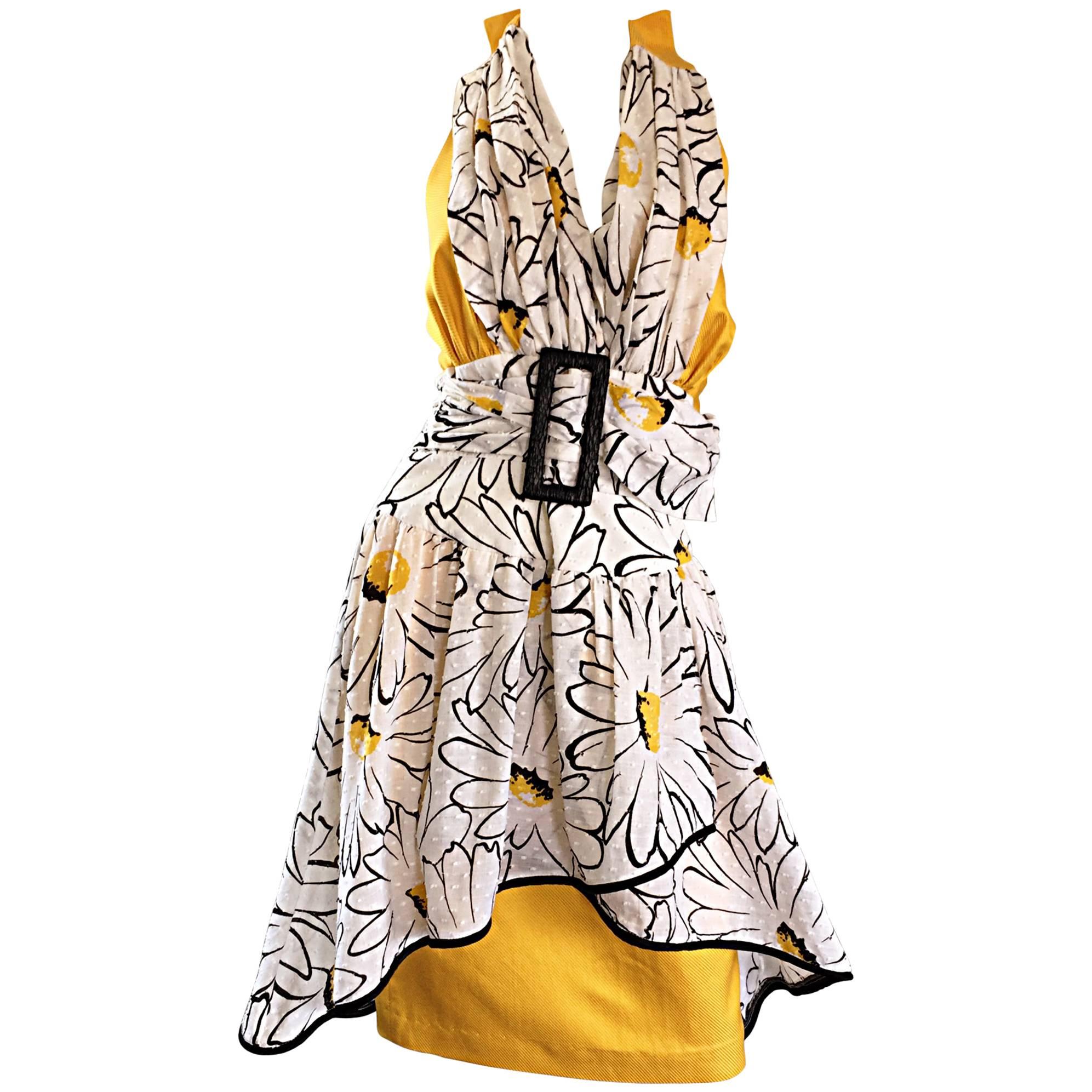 Avant Garde Vintage 80s Stephan Caras Black + Yellow + White Daisy Print Dress