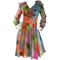 1970s Jack Bryan Chiffon Neon Flowers + Polka Dots Amazing Vintage Ruffle Dress 1