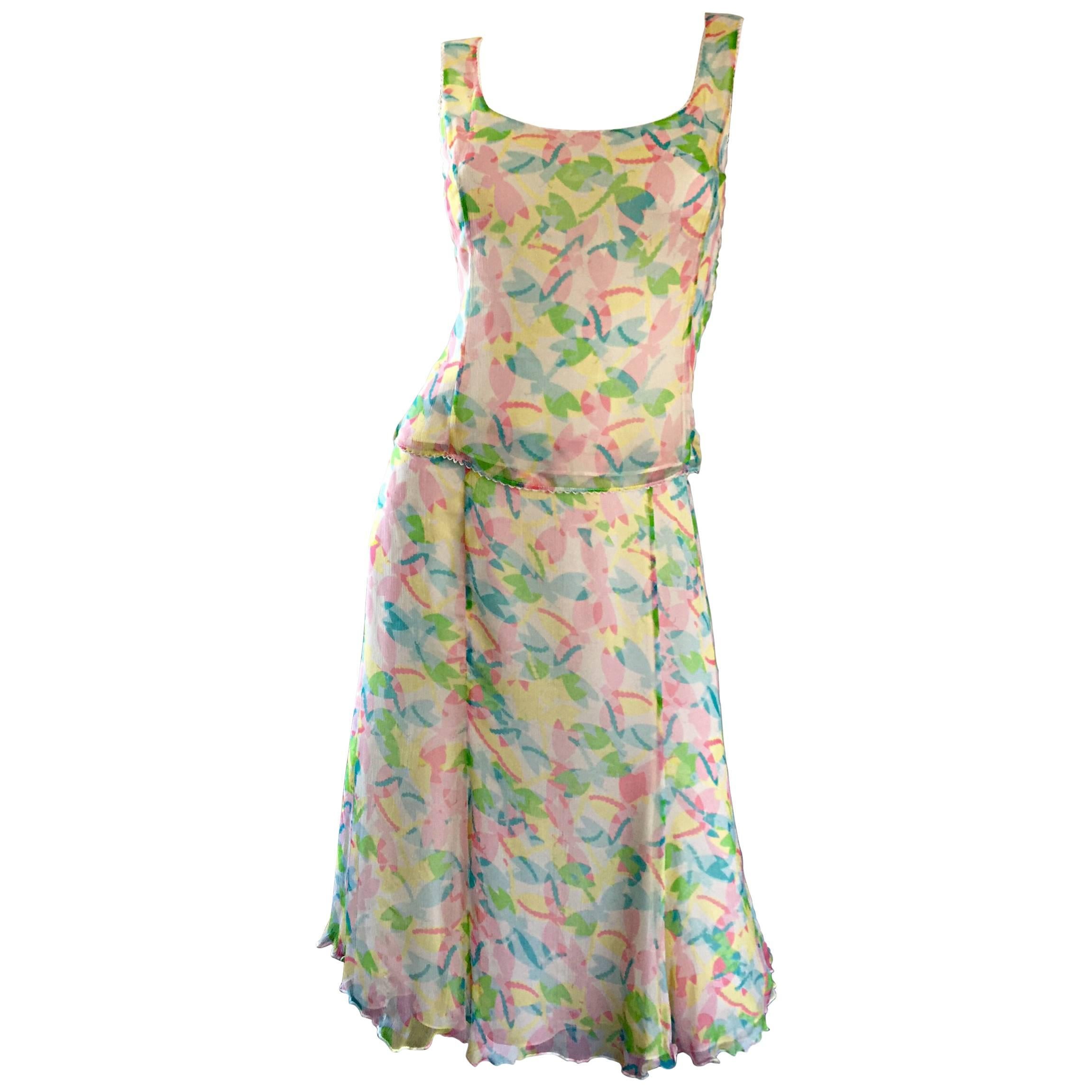 Vintage Rena Lange 1990s Silk Chiffon ' Dragonfly ' Dress Set Blouse + Skirt For Sale