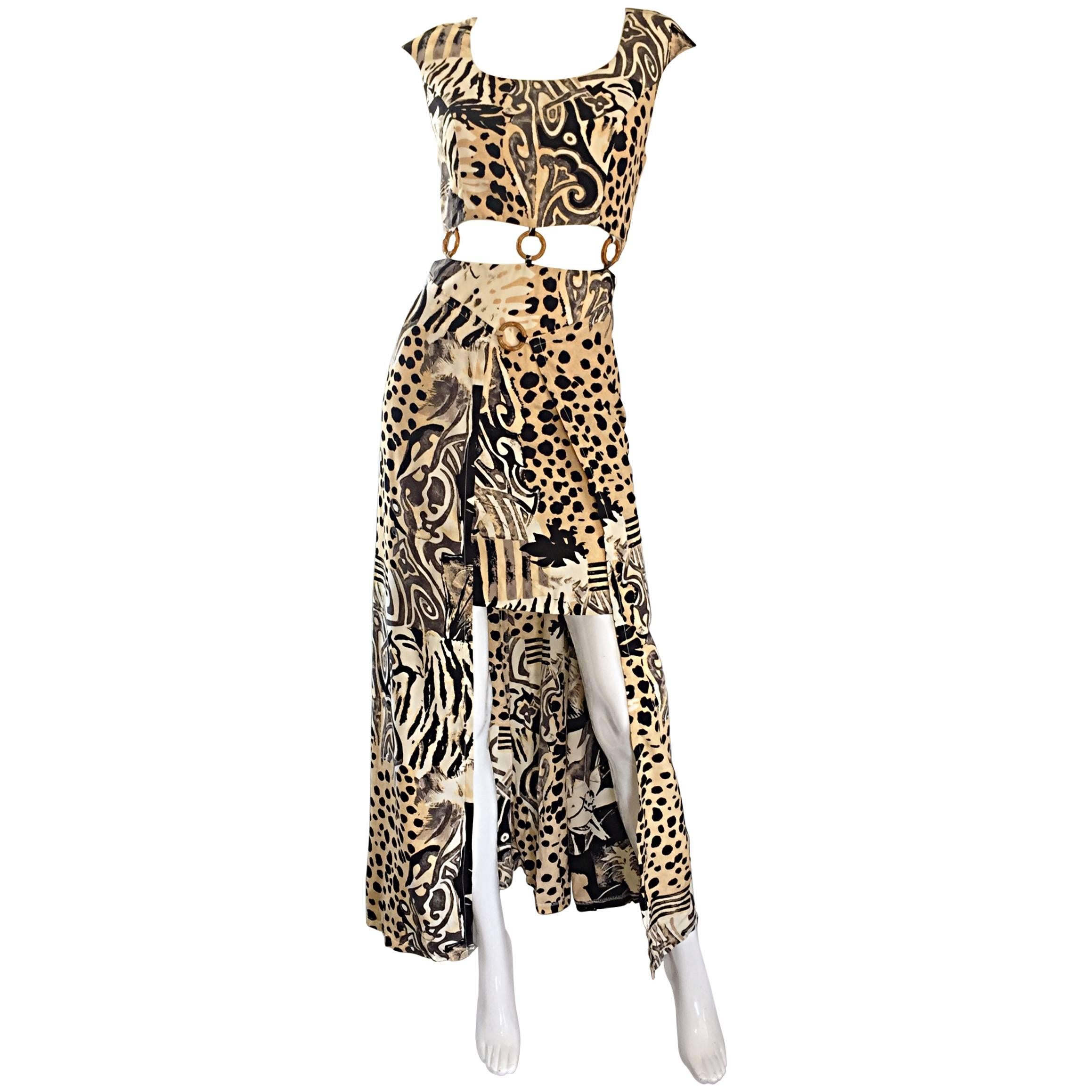 Amazing 1990s Vintage High - Low Animal Print Boho Bamboo Cut - Out 90s Dress