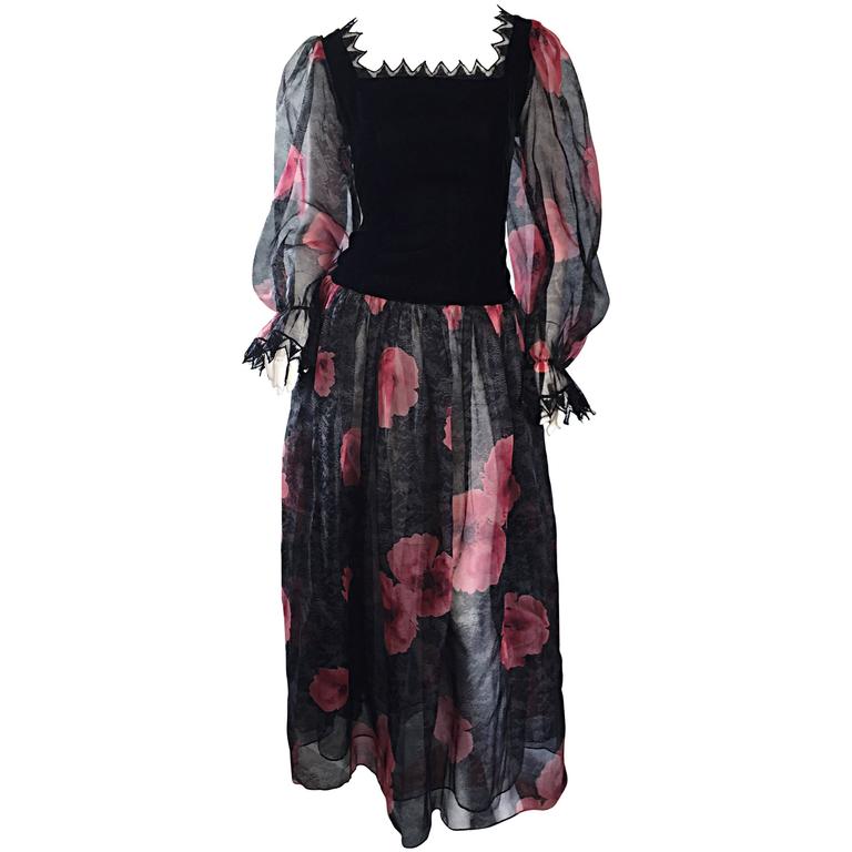 Guy Laroche Vintage Chiffon + Silk Velvet Black + Red Flower Print Gown ...