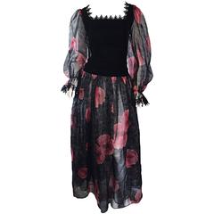 Guy Laroche Vintage Chiffon + Silk Velvet Black + Red Flower Print Gown Dress