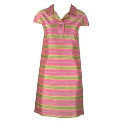 Vintage 1960s Pink Yellow Green Stripe Slub Silk Cap Sleeve Princess Seam Dress