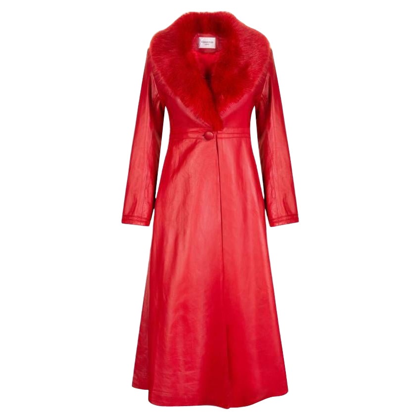 Verheyen London Bespoke Edward Leather Trench Coat in Red with Faux Fur, Size 16 For Sale