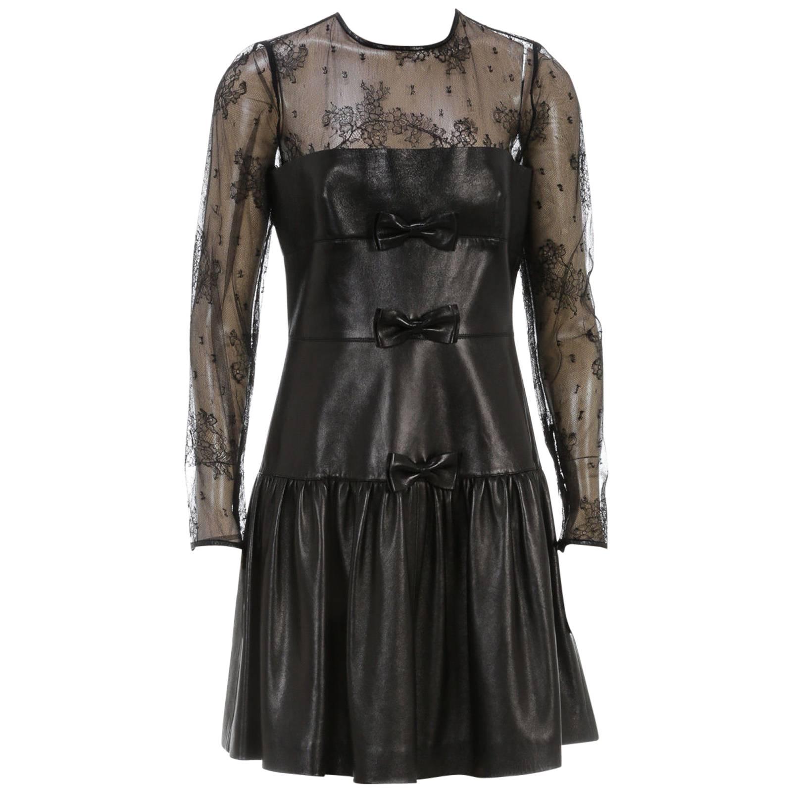 Valentino Black Long Sleeve Lace and Leather Drop Waist Dress (Size 44) For Sale