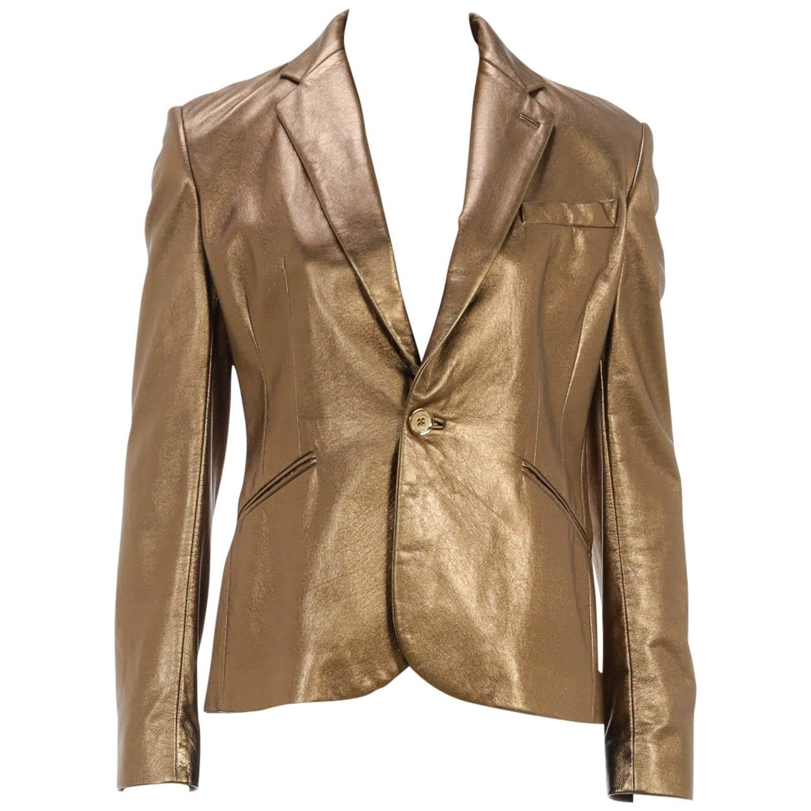 Ralph Lauren Gold Leather One Button Jacket (Size 4) NEW For Sale