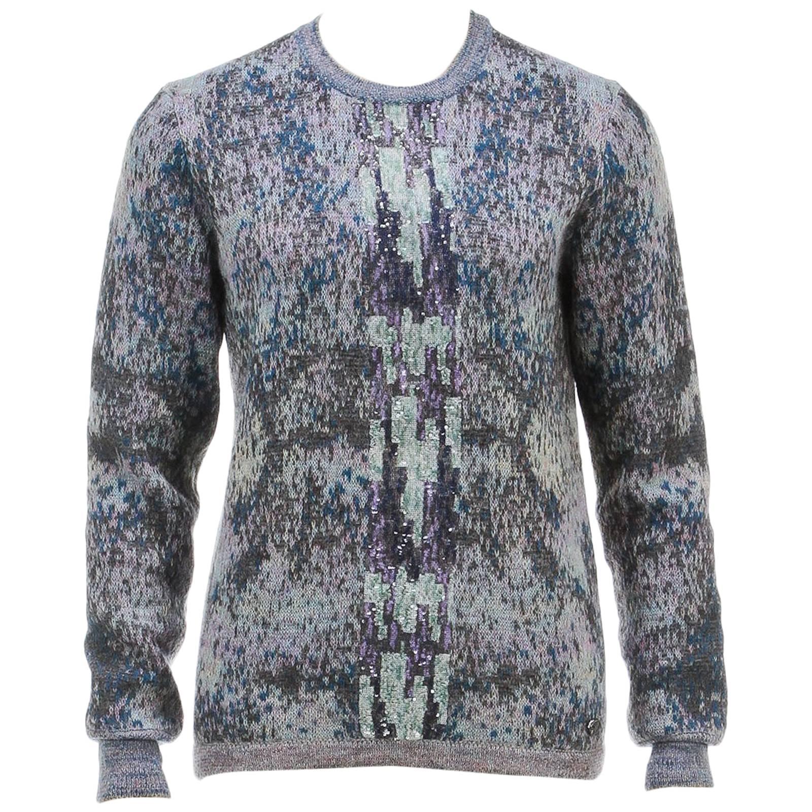 Chanel Gray Multicolor Long Sleeve Sequin Sweater (Size 36) For Sale