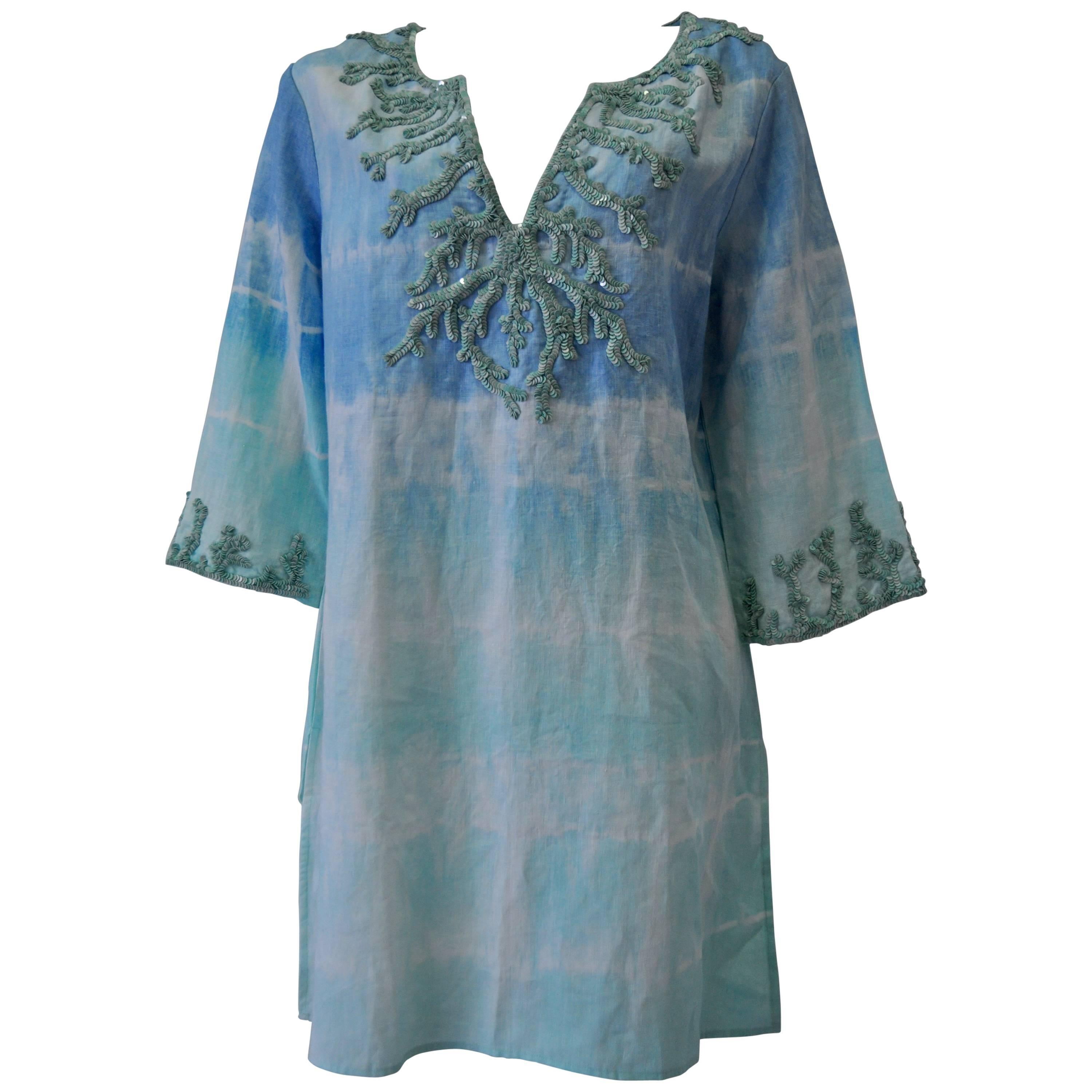Exclusive Tashia of London Hombre Sequin Embroidered Linen Kaftan For Sale