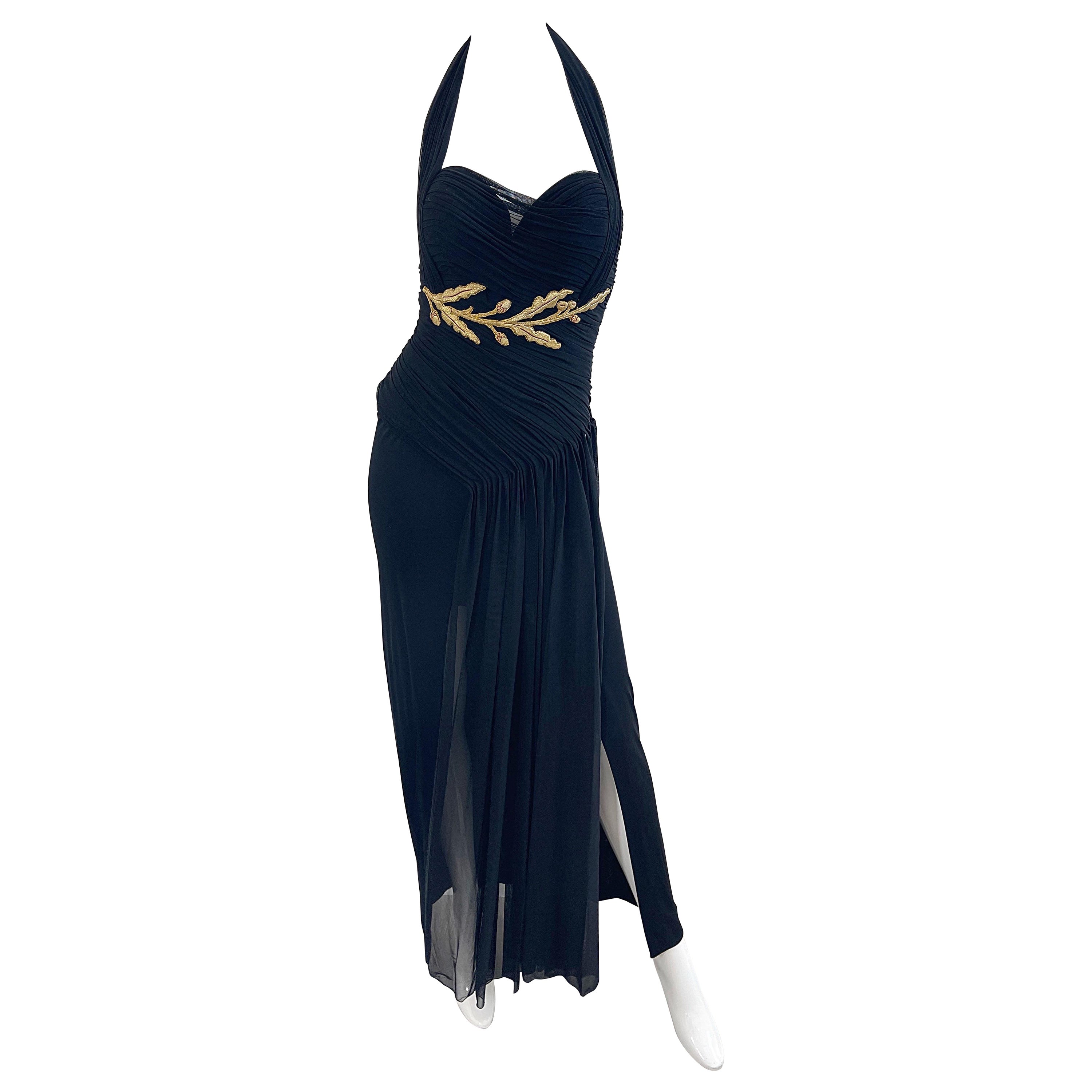 1980er Jahre Vicky Tiel Couture Größe 40 / 8 Schwarz Gold besticktes Vintage Neckholder-Kleid im Angebot