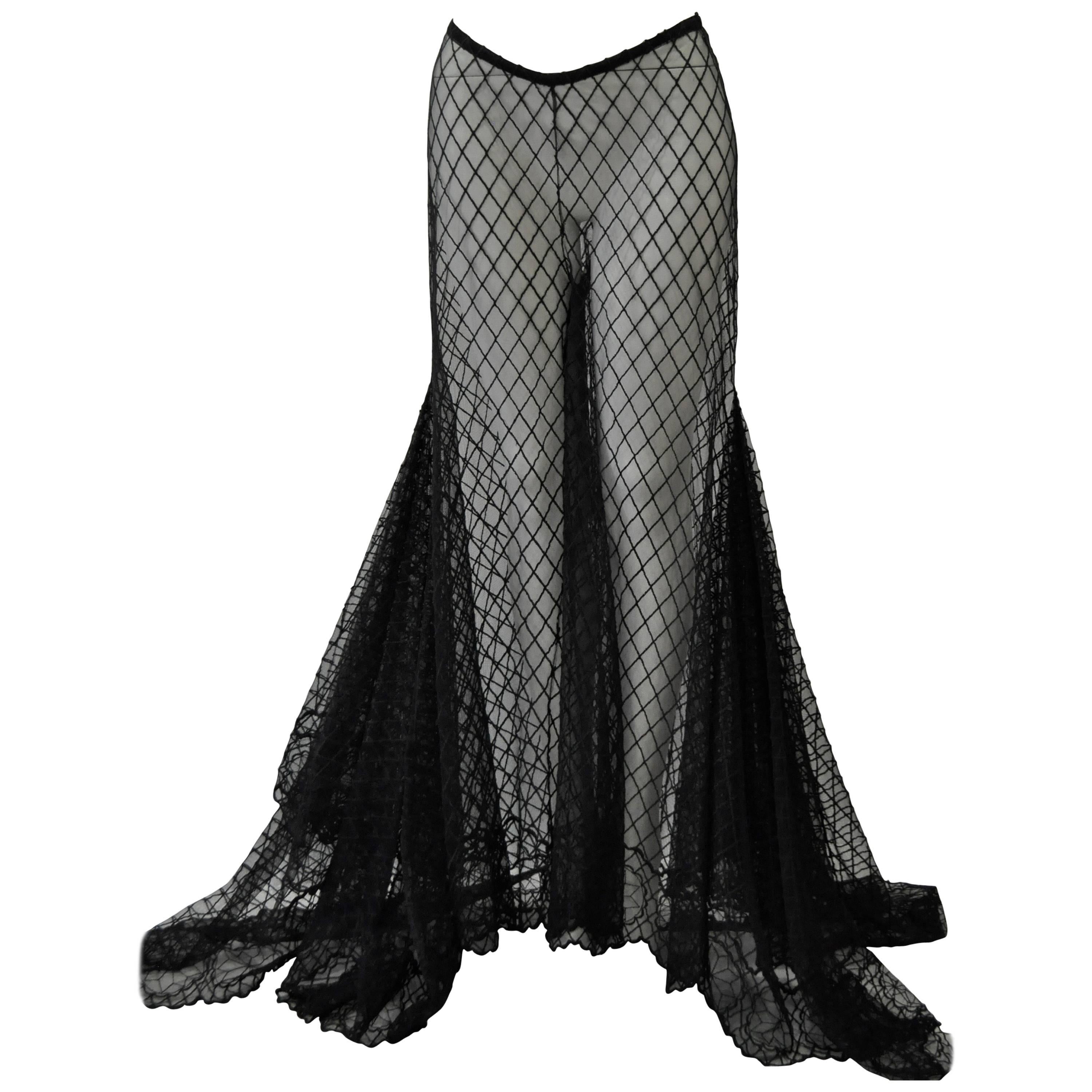 Dramatic Gianni Versace Couture Sheer Silk Tulle Lace Maxi Palazzo Pants For Sale