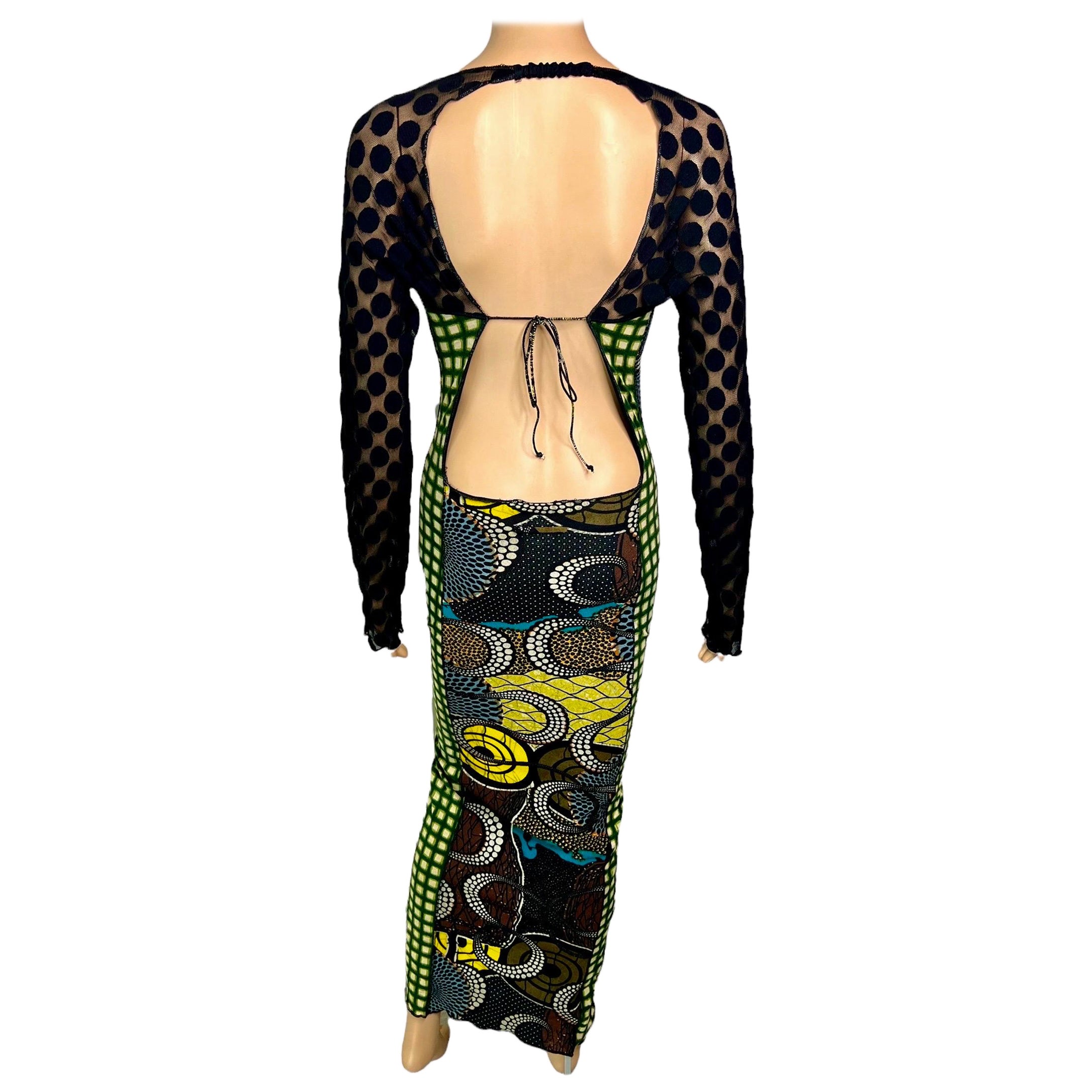 Jean Paul Gaultier Soleil c.1996 Op Art Circle Dots Print Cutout Back Maxi Dress